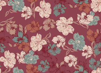 Seamless pattern featuring abstract, sketchy floral elements in beige, teal, and rust on a burgundy background, perfect for textiles, home decor, and contemporary surface pattern design.