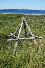 Remains of a bird watching tower structure in the reeds, Kempele Finland