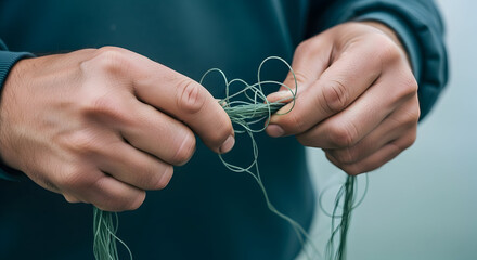 Close-up of hands holding and threading a needle with green thread in a detailed and focused manner suitable for sewing or tailoring projects in a professional or hobbyist setting