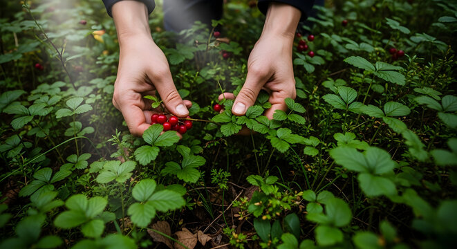 Close-up of hands picking ripe red berries from lush green wild plants in a natural forest setting for sustainable harvesting and organic foraging practices