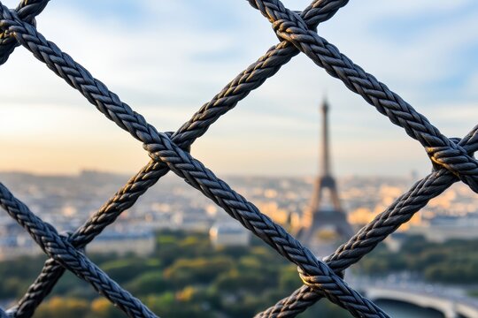 Close-up view of a metal fence with a city view.