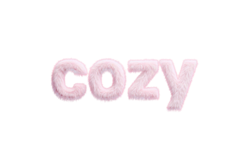 Pink fluffy text spelling Cozy on Transparent Background for cozy home or comfort themed design