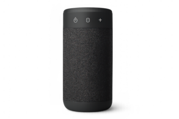 Black wireless portable speaker isolated on transparent background, featuring power, play/pause, and volume up buttons