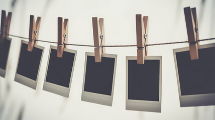 Vintage Polaroid Photos Hanging On Clothesline