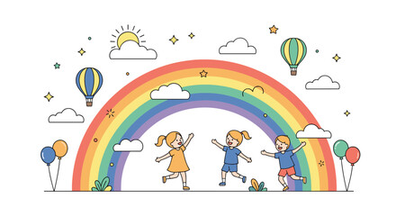 Obraz premium Joyful children dancing under a vibrant rainbow on a sunny day surrounded by balloons and clouds illustration