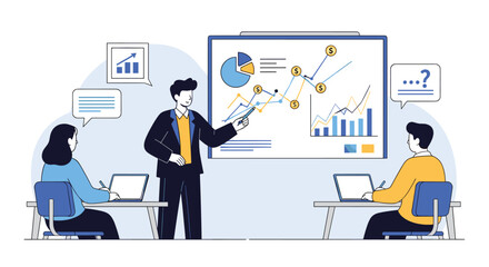 Business professionals analyzing financial data and growth charts during a collaborative meeting presentation on a large screen