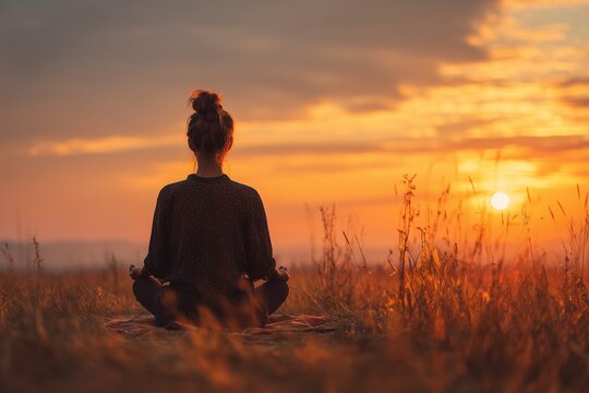 Woman meditating in a grassy field at sunset with her back to the camera.