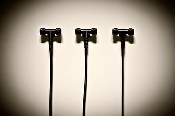 Three black microphone stands against a pale backdrop
