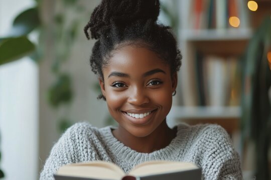 Happy young Black girl reading a book in the school classroom library. African American college student learning and revising for exams. Inclusive and diverse education concept, Generative AI