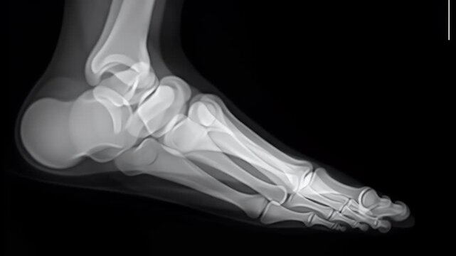 Anatomical Foot X-Ray Scan Showing Bone Structure in Black Background Diagnostic Radiology and Medical Visualization