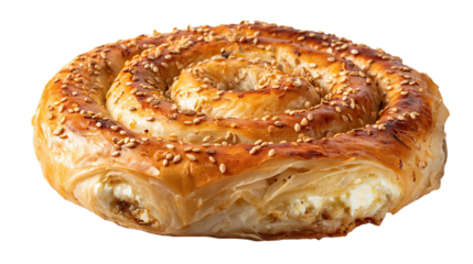 Cheese burek spiral pastry with sesame seeds isolated


