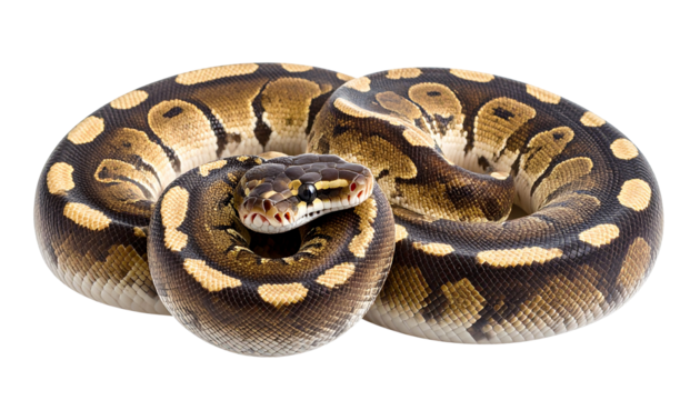 Coiled ball python captured in studio setting high-resolution wildlife photography serene environment close-up perspective isolated on transparent background