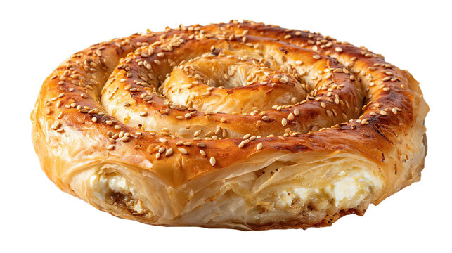 Cheese burek spiral pastry with sesame seeds isolated

