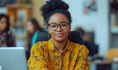 Young disabled African American Black woman sitting in a wheelchair at her work desk computer laptop with a team. Inclusive and diverse creative office workplace. Celebrating, Generative AI