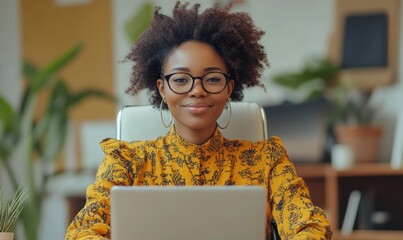 Young disabled African American Black woman sitting in a wheelchair at her work desk computer laptop with a team. Inclusive and diverse creative office workplace. Celebrating, Generative AI