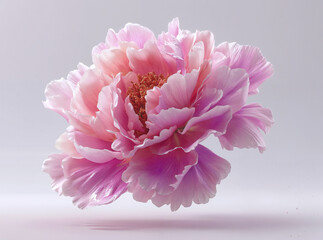 Pink flower gently floating in midair isolated against clean solid white background bright soft petals delicate natural organic beauty bloom botanical vibrant elegant fresh gentle floral