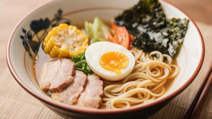 Japanese Ramen Noodle Soup with Pork, Egg, Corn and Seaweed