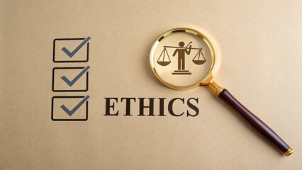 Ethics and compliance checklist concept with magnifying glass and scales of justice symbol image