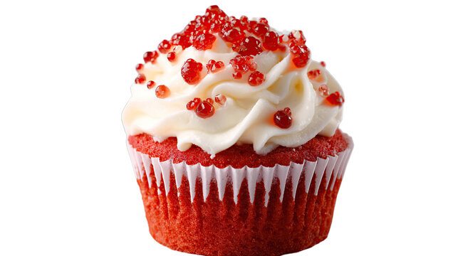 Red velvet cupcake with white frosting and red sprinkles

