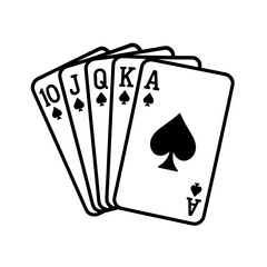 Royal flush of spades cards icon in outline style indicating highest poker hand in casino gaming