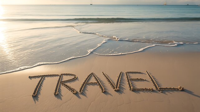 The word travel written in sand at the beach ocean