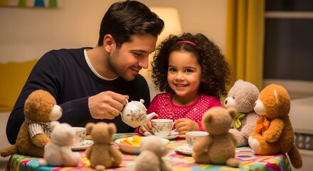 Father daughter tea party with teddy bears happy family time parent child relationship adorable moment father's day