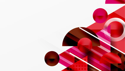 Abstract design features red shapes, circles, lines. Modern composition creates dynamic visual impact. Clean background offers space.