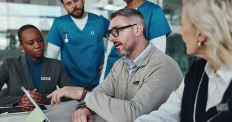 Healthcare, colleagues and group with tablet, meeting and research for investment, web and planning. Talking, administrator and people with tech for funding grant, explain and discussion in hospital - Powered by Adobe