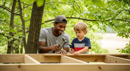 Father and son building treehouse together happy family time outdoor activity construction project bonding moment father's day