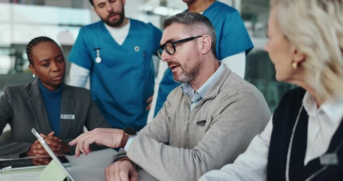 Healthcare, colleagues and group with tablet, meeting and research for investment, web and planning. Talking, administrator and people with tech for funding grant, explain and discussion in hospital