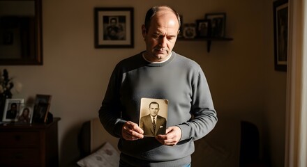 Man holding old photo remembering deceased father family history genealogy and legacy portrait in memory of dad father's day