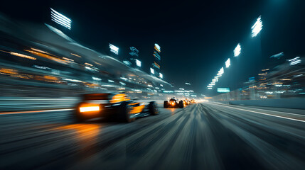 Abstract speed motion blur on race track at night, racing car, formula one, fast, light trails