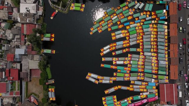 Aerial shots of xochimilco's pier, featuring traditional elements in southern mexico city