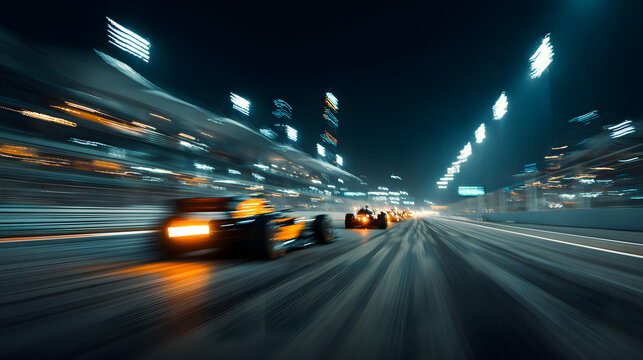 Abstract speed motion blur on race track at night, racing car, formula one, fast, light trails - Powered by Adobe