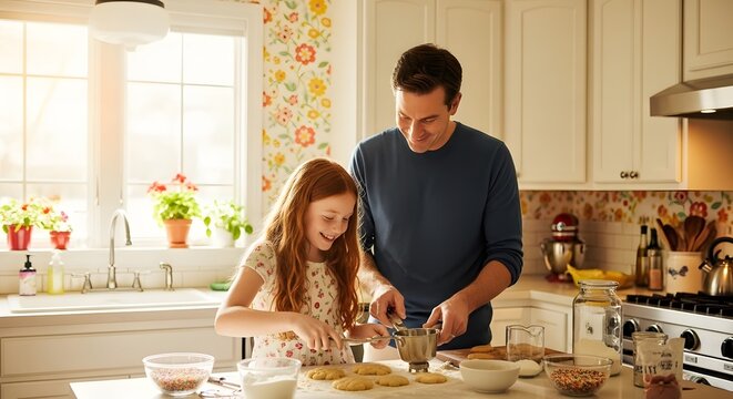 Father and daughter baking cookies at home together in kitchen for family fun and bonding time activity father's day