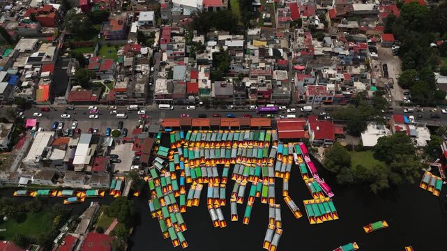 Xochimilco's pier zone, aerial look at southern CDMX's traditional attraction