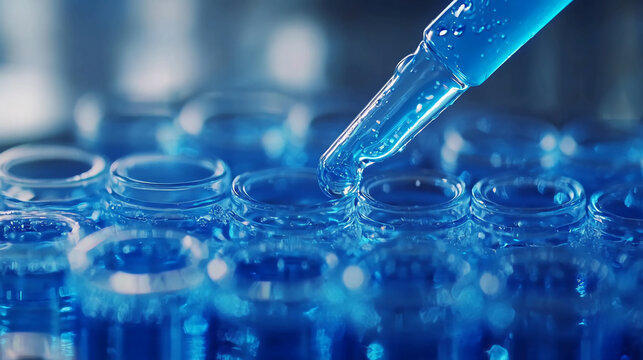Blue liquid research science experiment laboratory test tubes and pipette for medical innovation - Powered by Adobe