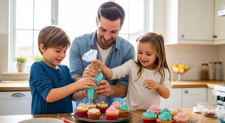 Family baking cupcakes together at home kitchen for fun activity and bonding time with kids concept father's day