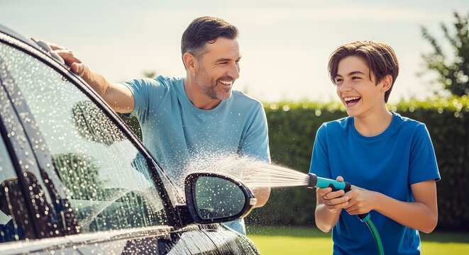 Father and son washing car together at home happy family car washing day home car detailing service father's day