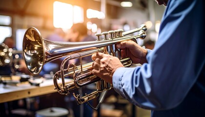 Obraz premium Man holding trumpet in workshop