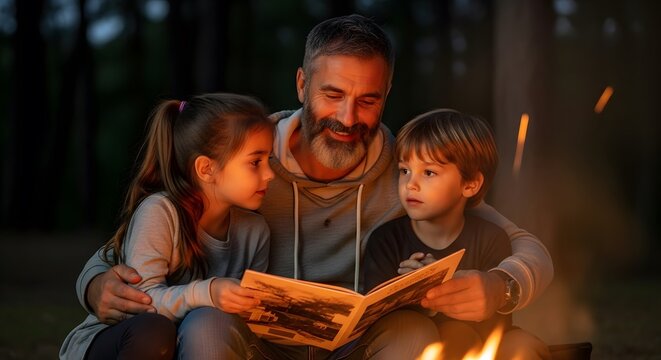 Father reading to children campfire stories family time camping adventure outdoor bonding experience happy kids night 100 father's day