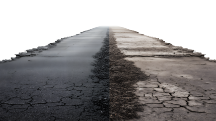 Dark Gray Asphalt Road Texture With Cracks Perspective View isolated on a transparent background