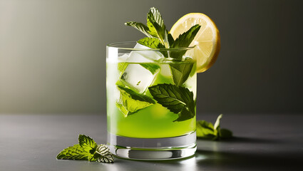 Chilled green mojito drink garnished with fresh mint and citrus in a glass, dramatic low-light setting