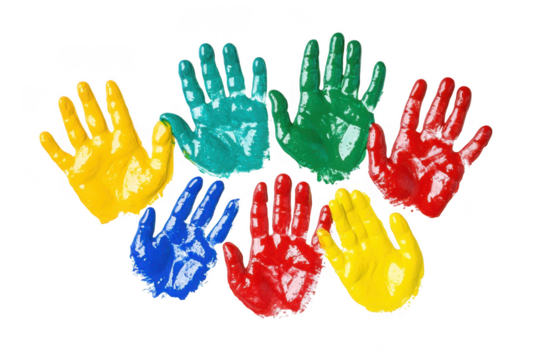Colorful handprints in red blue green yellow and teal arranged in a circle isolated on transparent background