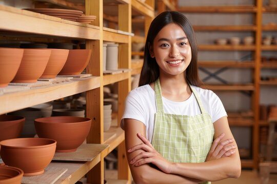 Portrait of smiling potter woman in her pottery studio with handmade ceramics art