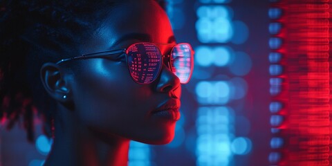 AI cybersecurity threat, Black African American female IT specialist analyzing data information technology, augmented reality artificial intelligence blue and red, matrix numbers, Generative AI