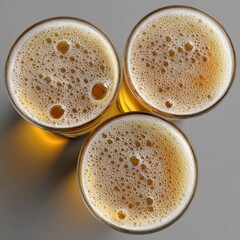 Beer Above View. Set of Lager Glasses with Amber Foam From Top Perspective