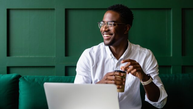 Happy african american man working on laptop with coffee in modern green office - Powered by Adobe