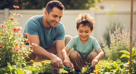Father and son gardening together backyard family time planting flowers spring summer outdoor activities father's day