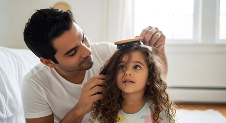 Father brushing daughter's curly hair at home: family time, hair care routine, parenting, and childhood memories father's day